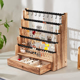 Pinzoveco Earring Organizer, 5 Layer Earring Holder Organizer with Necklace Holder Pole, Rustic Wood Jewelry Organizer Stand Display for Stud Earring Bracelet Necklace Ring, 175 Earring Holes Pinzoveco