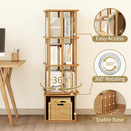 IOTXY 4-Tier Rotating Bookshelf Tower - Beech Wood Frame Spinning Bookcase with Storage Base, Tall Freestanding Revolving Shelf Organizer, Oak IOTXY