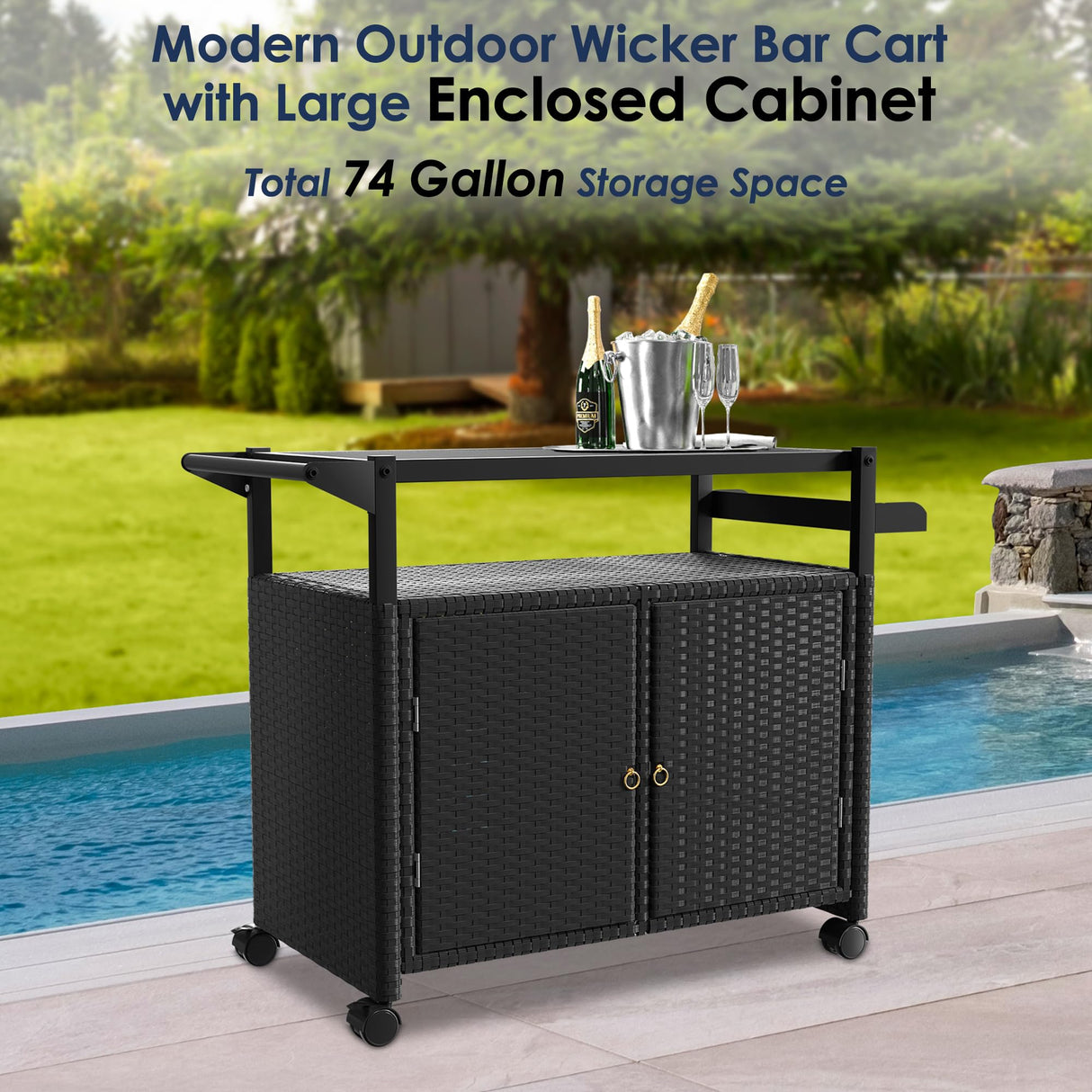 Xilingol Outdoor Bar Table, Wicker Bar Cart with Cabinet, Patio Serving Cart with Tempered Glass Top, Lockable Wheels, Rounded Handle & Side Basket for Garden, Poolside & Backyard, Black Xilingol