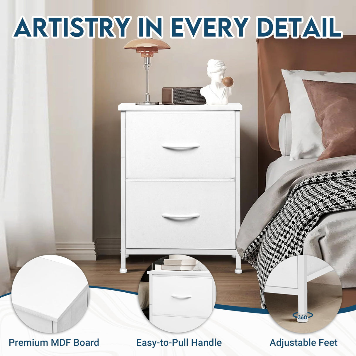 LOFTEY White Nightstand, Bedside Table with 2 Drawers, Small Kids Night Stand for Bedroom, Bed Side Table with Storage, 15.7" L x 11.8" W x 21" H LOFTEY