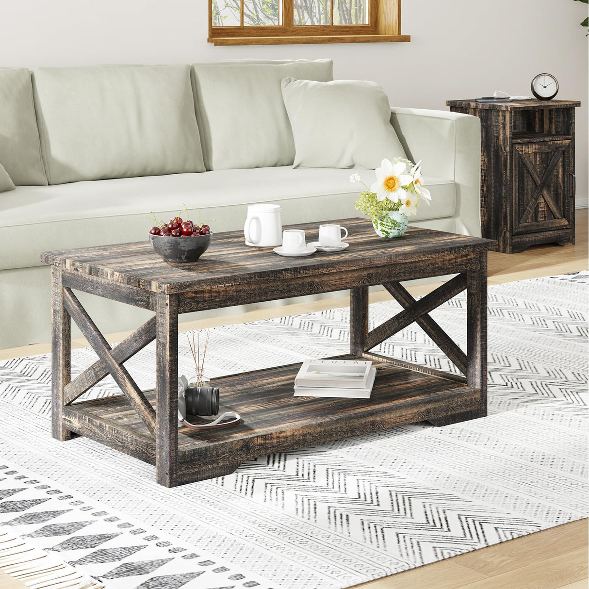 AMERLIFE 3-Piece Farmhouse Table Set Includes Coffee Table& Two End Tables, Side Table with Charging Station and USB Ports, for Living Room, Bedroom,Dark Oak AMERLIFE