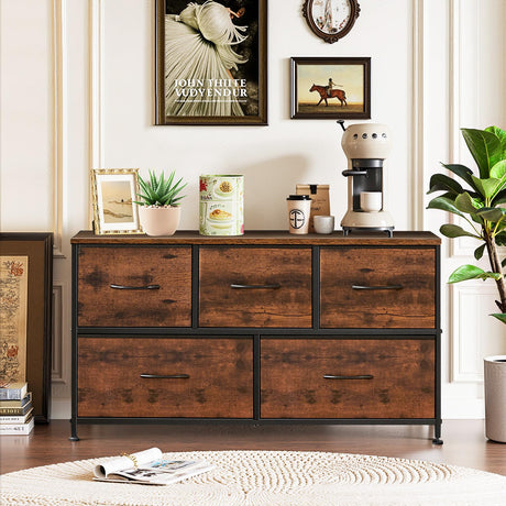5-Drawer Dresser for Bedroom, Anti-Tip Wide Storage Organizer Fabric Chest of Drawers TV Stand for 45" TV with Wooden Top and Metal Frame for Closet, Living Room, Hallway, Entryway, Brown SageNest
