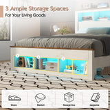 LUXOAK Queen Size Bed Frame with Bookcase Storage Headboard & Footboard, Farmhouse Wood Platform Bed with LED Light & Charging Station, No Box Spring Needed, White LUXOAK