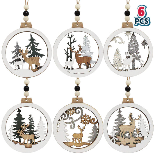 JOIEDOMI 6 Pcs Christmas Wooden Ornaments, Christmas Farmhouse Rustic Reindeer Ornaments for Winter Holiday Indoor Decor, Hanging Wood Ornaments for Xmas Tree Decorations