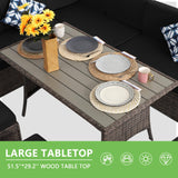 YOCONYO Patio Furniture Set, 7 Pieces Patio Dining Set, All Weather Outdoor Wicker Conversation Loveseat Set with Dining Table, Ottoman in Brown Rattan Black Cushions YOCONYO