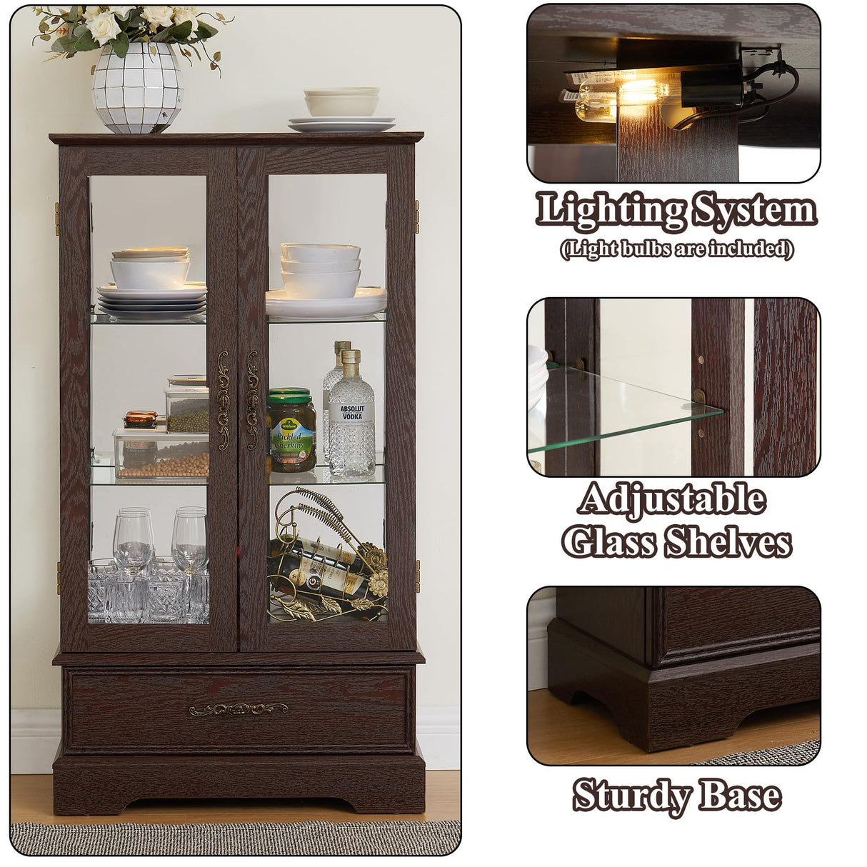 nifoti 47" H Lighted Curio Cabinet Display Case, Glass Cabinet with Adjustable Shelves,Tempered Glass Door and Drawer, Wooden Curio Cabinet with Mirrored Back Pane for Living Room (Dark Cherry) nifoti