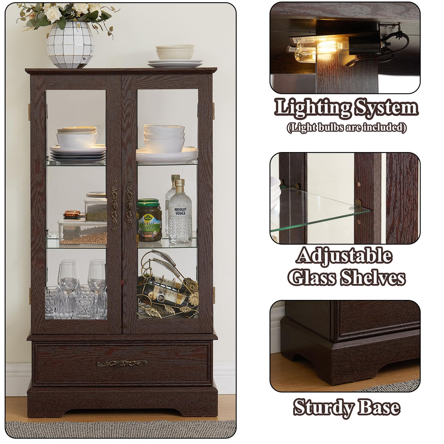 nifoti 47" H Lighted Curio Cabinet Display Case, Glass Cabinet with Adjustable Shelves,Tempered Glass Door and Drawer, Wooden Curio Cabinet with Mirrored Back Pane for Living Room (Dark Cherry)