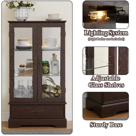 nifoti 47" H Lighted Curio Cabinet Display Case, Glass Cabinet with Adjustable Shelves,Tempered Glass Door and Drawer, Wooden Curio Cabinet with Mirrored Back Pane for Living Room (Dark Cherry) nifoti
