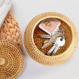 WRINGKIT Round Rattan Basket Box with Lid, Small Handmade Woven Storage Basket, Multi-purpose Wicker Bowl Decorative Organizer for Shelf, Home, Bathroom Decor WRINGKIT