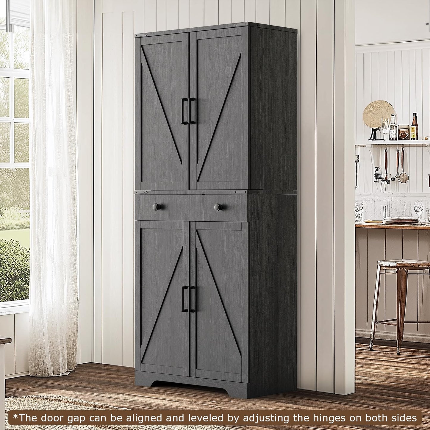 Teekyooly 72" Tall Farmhouse Kitchen Pantry Cabinet, Large Storage Cabinet with 6 Adjustable Shelves, 4 Barn Doors & Drawer for Bathroom, Dining Room, Black