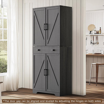 Teekyooly 72" Tall Farmhouse Kitchen Pantry Cabinet, Large Storage Cabinet with 6 Adjustable Shelves, 4 Barn Doors & Drawer for Bathroom, Dining Room, Black