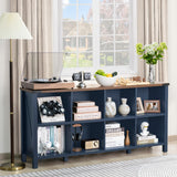Joaxswe 8 Cube Book Shelf, Farmhouse Wood Long Storage Organizer Bookcase, 62" Horizontal Navy Blue Console Closet Bookshelf, Hallway TV Stand for Entryway, Display Cabinet Book Case for Living Room Joaxswe