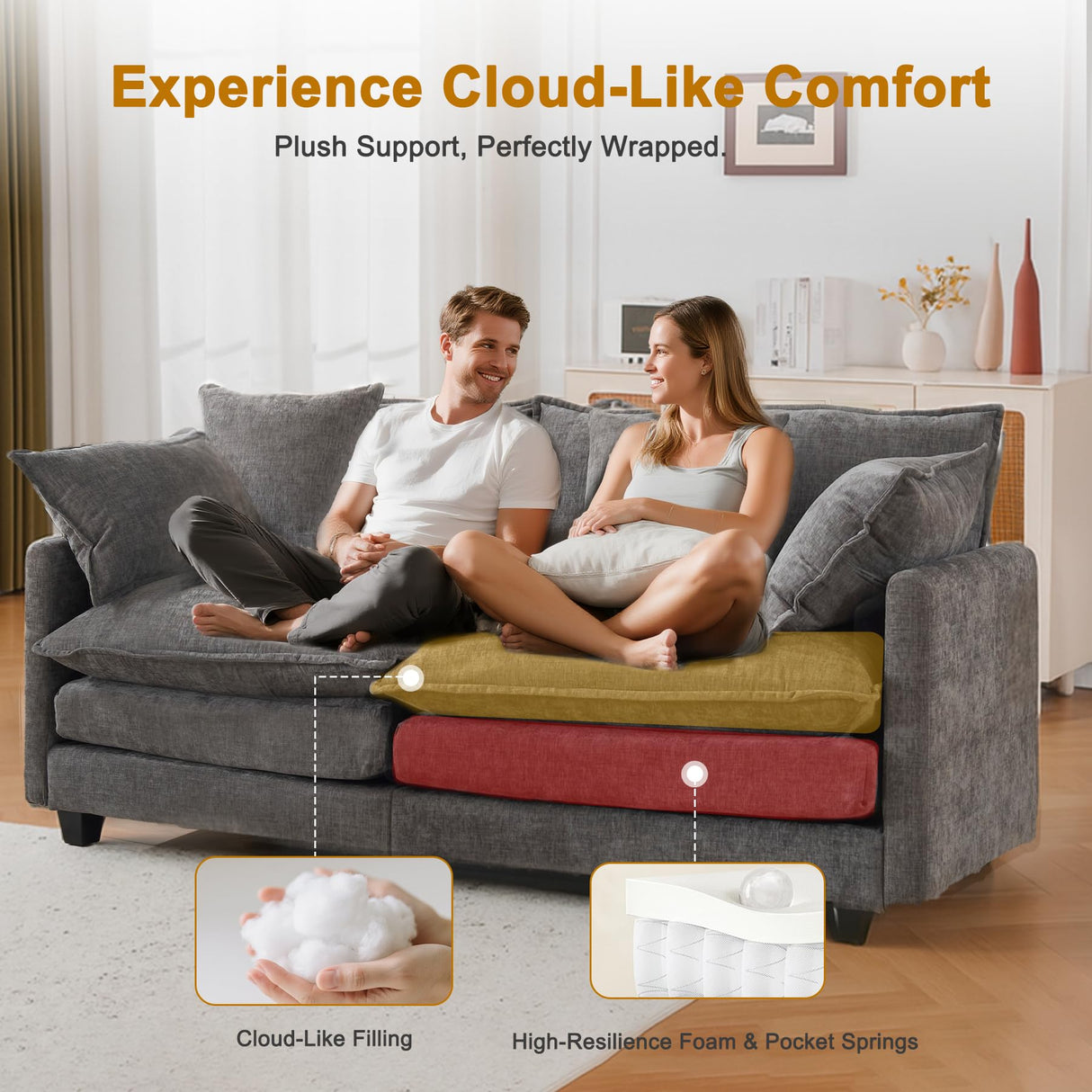 77" Cloud Sofa Loveseat & Couch｜Small 2-Seater Chenille Sectional Sofa with 29.1" Deep Seat｜FSC Certified Solid Wood & Metal Frame｜Easy Assembly & 1YR Guarantee｜ for Apartment Living Room Bedroom CAFUZY