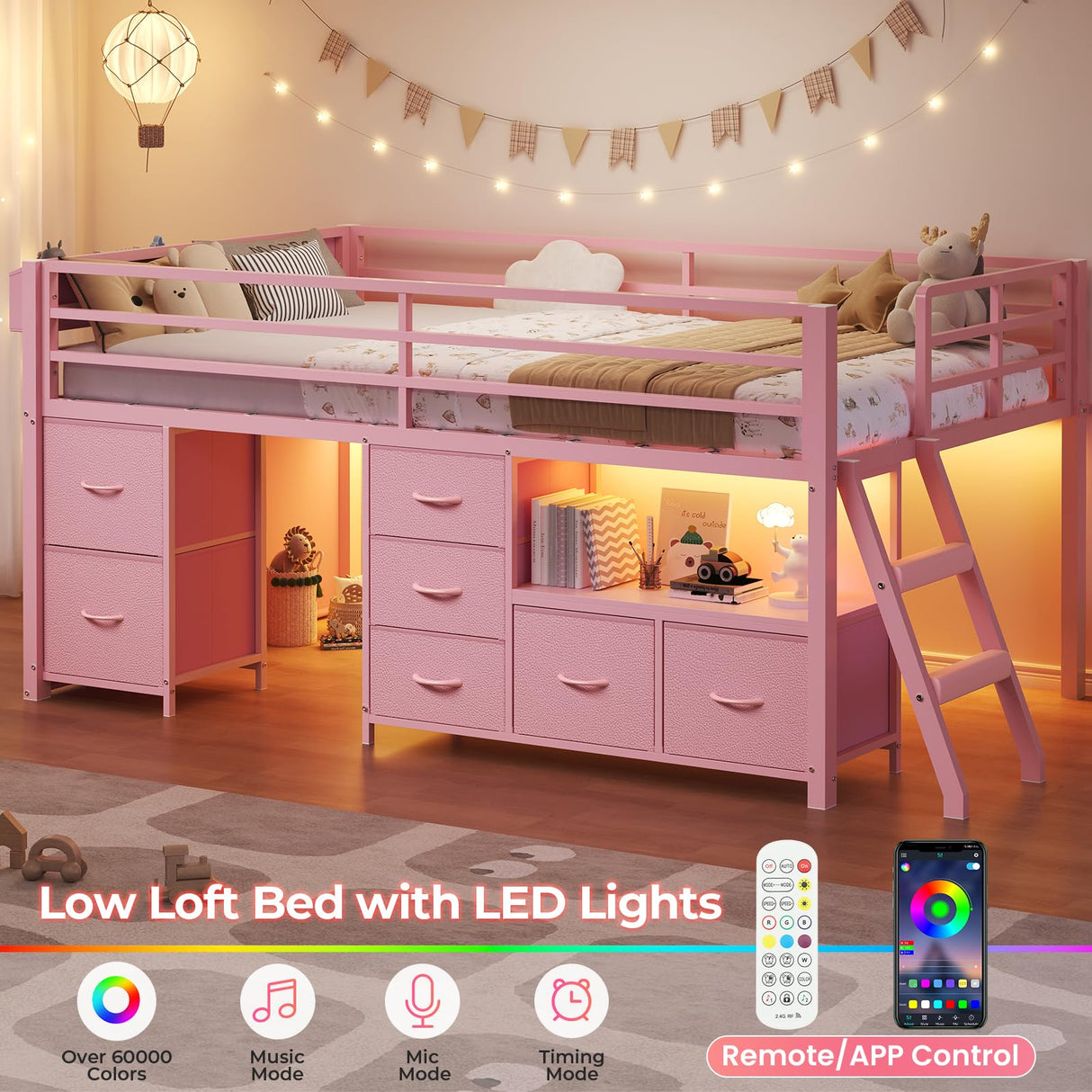ADORNEVE Low Loft Bed Twin Size with 7 Storage Drawers, Bookcase and LED Lights, Metal Kids Loft Bed with 14" H Safety Guardrail,Inclined Ladder and Play Curtain, Under-Bed Play Space,Pink ADORNEVE