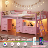 ADORNEVE Low Loft Bed Twin Size with 7 Storage Drawers, Bookcase and LED Lights, Metal Kids Loft Bed with 14" H Safety Guardrail,Inclined Ladder and Play Curtain, Under-Bed Play Space,Pink ADORNEVE