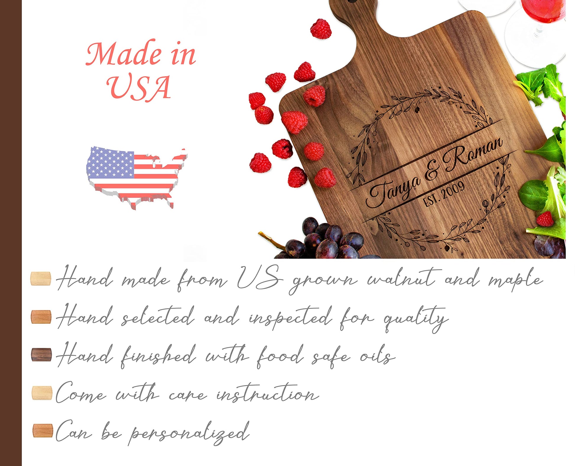 Personalized Wooden Cutting Board Handmade in USA – Best Serves as Charcuterie board, Cheese board, Chopping board, Serving tray – Unique Wood Gift - WoodArtSupply