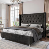 PaPaJet Upholstered Queen Bed Frame with Tall Headboard, Wingback Platform Bed, Low Profile Velvet Tufted Button, No Box Spring Needed, Easy Assembly, Black PaPaJet