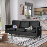 STHOUYN 72" W Faux Leather Black Sofa 3 Seat Couch, Modern Comfy Couch with 2 USB, Small Couches for Living Room Apartment Bedroom Small Spaces, Office Couch (Black (Sofa)) STHOUYN