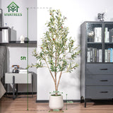 VIVATREES Olive Trees Artificial Indoor, 5FT Tall Faux Olive Tree with White Tall Planter, Artificial Plants with Natural Wood Trunk and Lifelike Fruits for Home Office Decor VIVATREES