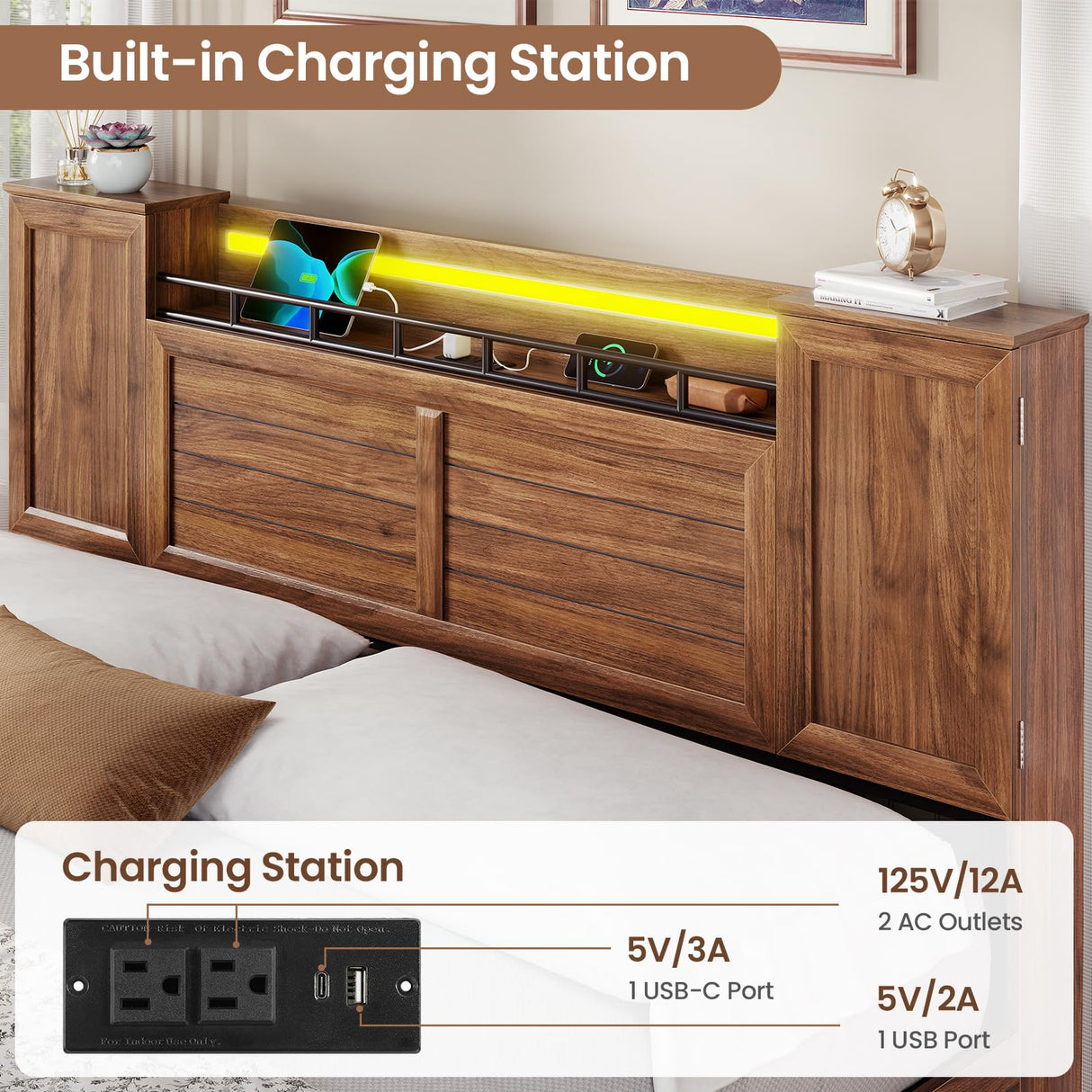 VIAGDO Farmhouse Queen Bed Frame with Headboard and Double Barn Door Storage Cabinets, Rustic Wooden Bed Frame Queen Size with Charging Station, 4 Drawers and LED Lights, No Box Spring Needed, Brown VIAGDO