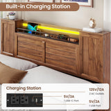 VIAGDO Farmhouse Queen Bed Frame with Headboard and Double Barn Door Storage Cabinets, Rustic Wooden Bed Frame Queen Size with Charging Station, 4 Drawers and LED Lights, No Box Spring Needed, Brown VIAGDO
