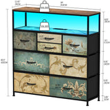 Tohomeor TV Stand with Power Oulet Dresser with Charging Station & LED Light Dresser with 8 Fabric Drawers for Living Room Storage Chest of Drawers Retro Dresser with Open Shelf Wooden Top Tohomeor