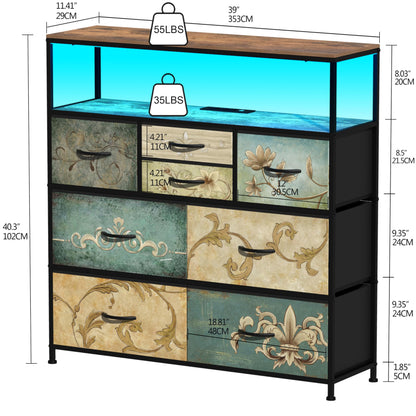 Tohomeor TV Stand with Power Oulet Dresser with Charging Station & LED Light Dresser with 8 Fabric Drawers for Living Room Storage Chest of Drawers Retro Dresser with Open Shelf Wooden Top - WoodArtSupply