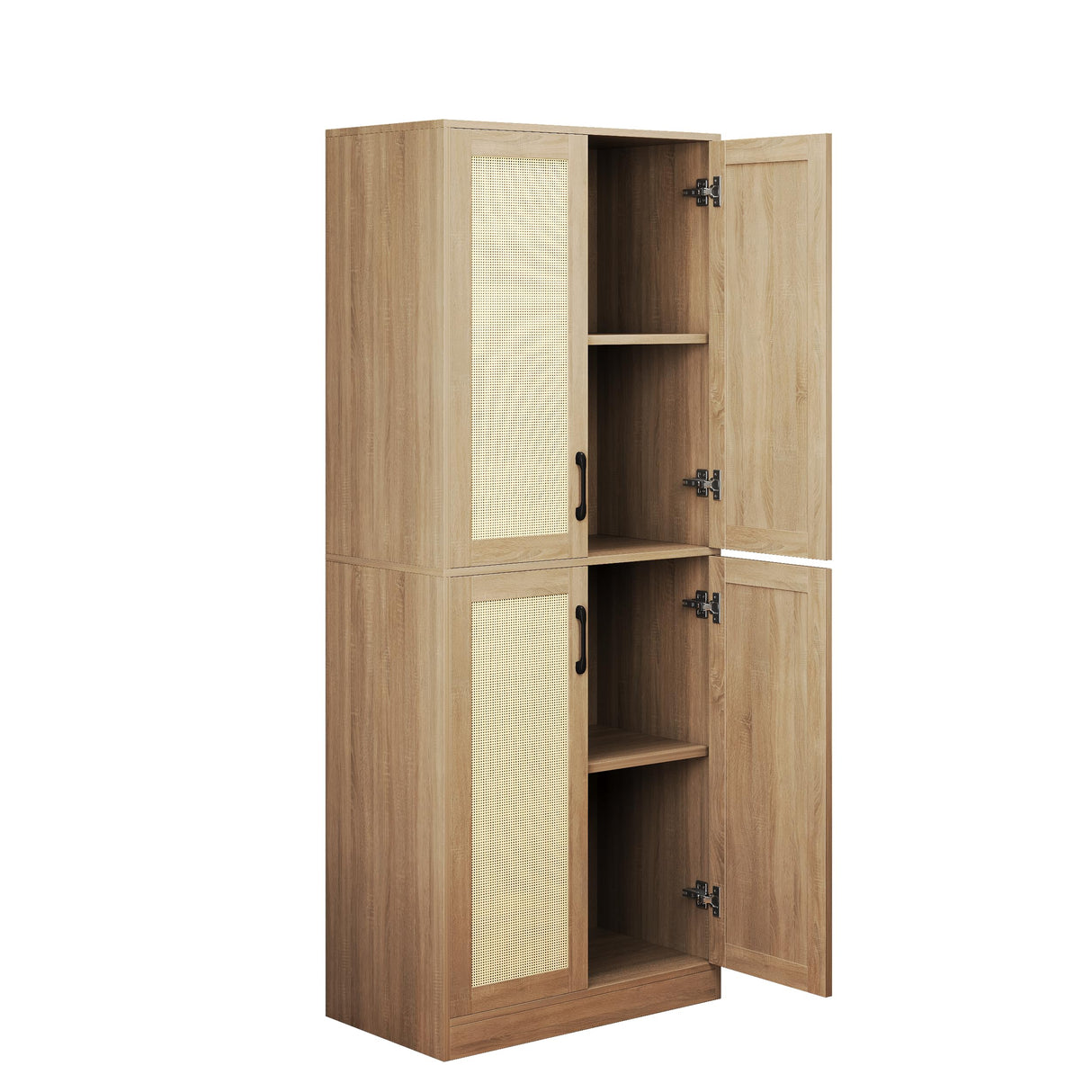 Storage Cabinet - Kitchen Pantry Cabinet, Rattan Cabinet, Tall Storage Cabinet with 4 Doors and Adjustable Shelf, Freestanding Cupboard for Kitchen, Bathroom, Laundry, Utility Room, Natural, 67" H JASIWAY