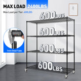 Rengue 4-Tier Wire Shelving with Wheels, 60"x 24"x72" Metal Storage Shelves, Heavy Duty Garage Storage Shelves, Chrome 2400LBS Capacity Wire Shelf Rack for Restaurant, Garage, Pantry, Black Rengue