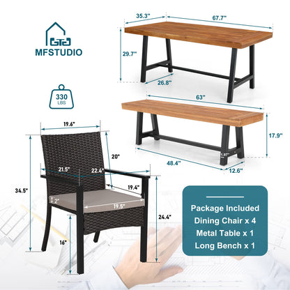 MFSTUDIO 6 Pieces Patio Dining Set with 4 Rattan Wicker Chairs,1 Acacia Wood Table and Bench,Outdoor Furniture Set with Removable Cushions for Patio,Garden,Lawn - WoodArtSupply