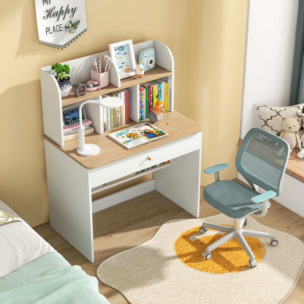 HONEY JOY White Kids Desk, Wooden Children School Study Table with Hutch, Pull-Out Drawer, Storage Shelves, Student Writing Desk Computer Workstation for Bedroom, 3+ Years Old HONEY JOY