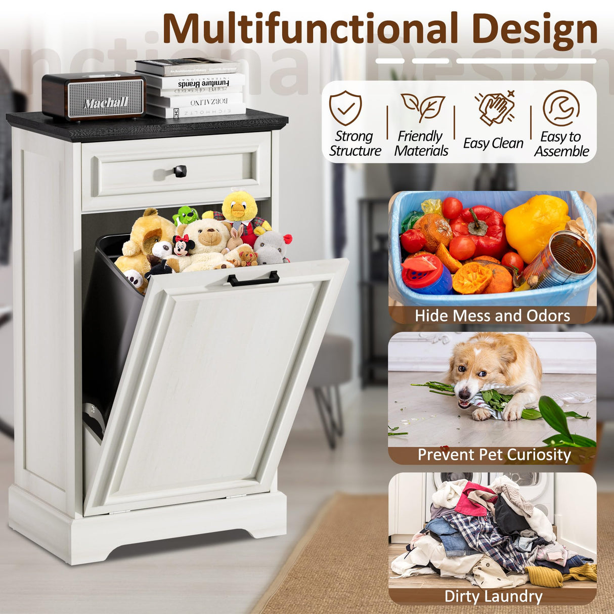 AHB 13 Gallon Tilt Out Trash Cabinet Kitchen Waste Bins, Laundry Hamper Tilt Out Pet Proof Hidden Trash Bin for Kitchen Living Room, Antique White and Black AHB