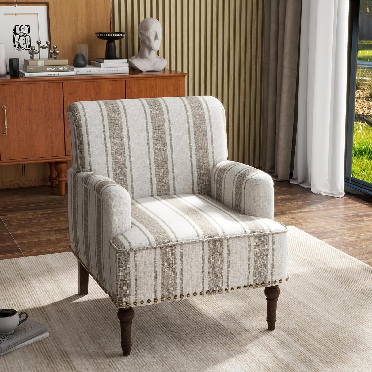 UIXE Stripe Accent Chair, Modern Upholstered Armchair in Fabric for Living Room, Nailhead Trim Club Arm Chair Comfy Single Sofa Bedroom Reading Seat with Wood Legs - Brown UIXE