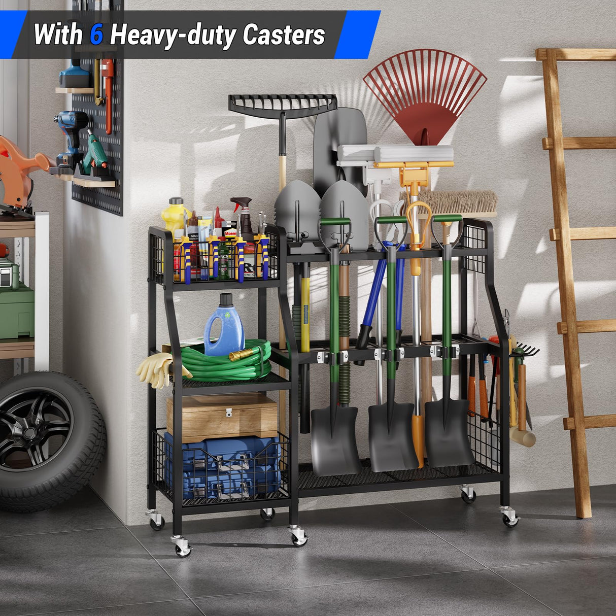 keomaisyto Garden Tool Organizer with 6 Wheels(3 lockable), Heavy Duty Yard Tool organizer with 2 Basket, Large Metal Garage Tool Organization and Storage for Garage/Shed/Yard/Broom Closet/Lawn keomaisyto