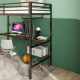 Twin Size Loft Bed with Desk and Closet Rod for Kids,Heavy Duty Loft Bed Frame with Safety Guardrail, Loft Metal Bunk Bed Twin Size, Space-Saving, Noise Free,Black Bellemave