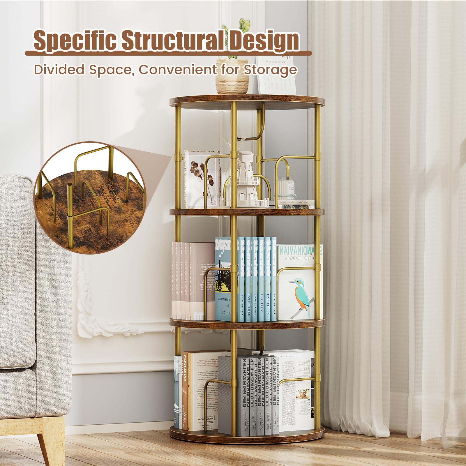 Sleek Gold 3-Tier Rotating Bookshelf with 360° Display and Partition Storage - WoodArtSupply