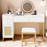AWQM White Makeup Vanity Desk with Stools,Rattan Vanity Table Set with Power Outlet,Makeup Table Dressing Table with Drawers & Cabinet, Small Vanity Table for Bedroom with Storage,Without Mirror AWQM