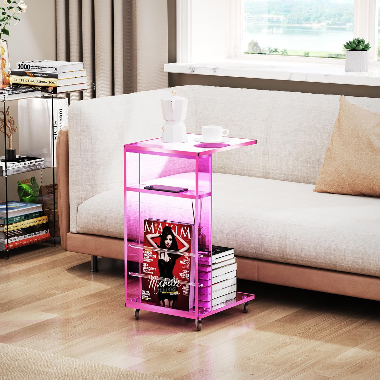 Clear Acrylic Side Table on Lockable Wheels, C Shaped End Table for Sofa, Small Coffee Tables for Small Spaces (Pink) Acrylicolor