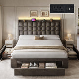YITAHOME Queen Size Bed Frame with 3 Storage Drawers and RGB LED Lights, Velvet Upholstered Bed with Charging Station and Storage Headboard, No Box Spring Needed, Easy Assembly, Noise-Free, Grey YITAHOME