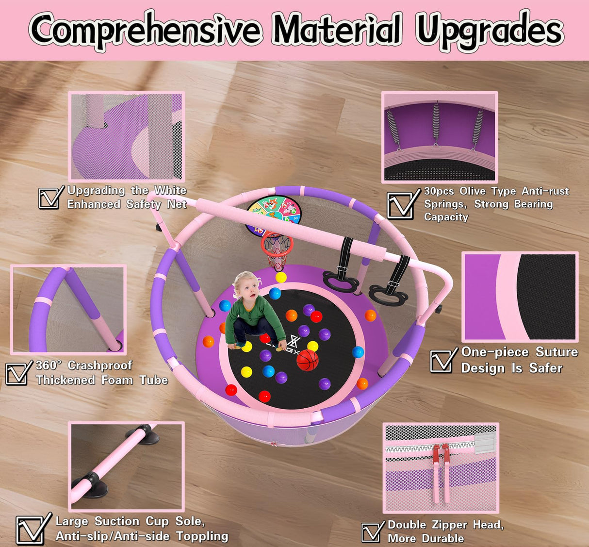 LANGXUN 60" Trampoline for Kids, 5ft Toddler Mini 6-in-1 Trampoline Indoor Outdoor with Swing, Basketball Hoop, Dart Board, Gymnastics Bar, Rings, Christmas Toys Birthday Gifts for Girls Boys Age 1-8 LANGXUN