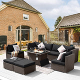 BULEXYARD 9 Piece Highback Patio Furniture Set with Fire Pit Table, Modern Modular Outdoor Sectional Couch Sofa with Ottoman, 8-Person Backyard Seating for Outside, Deck, Brown Wicker & Black Cushion BULEXYARD