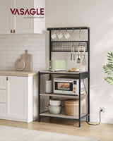 VASAGLE Bakers Rack with Charging Station, 80 cm Coffee Bar with Adjustable Storage Shelf, Microwave Stand, Grid Panel, 12 Hooks, for Kitchen, Heather Greige and Ink Black UKKS016K02 VASAGLE