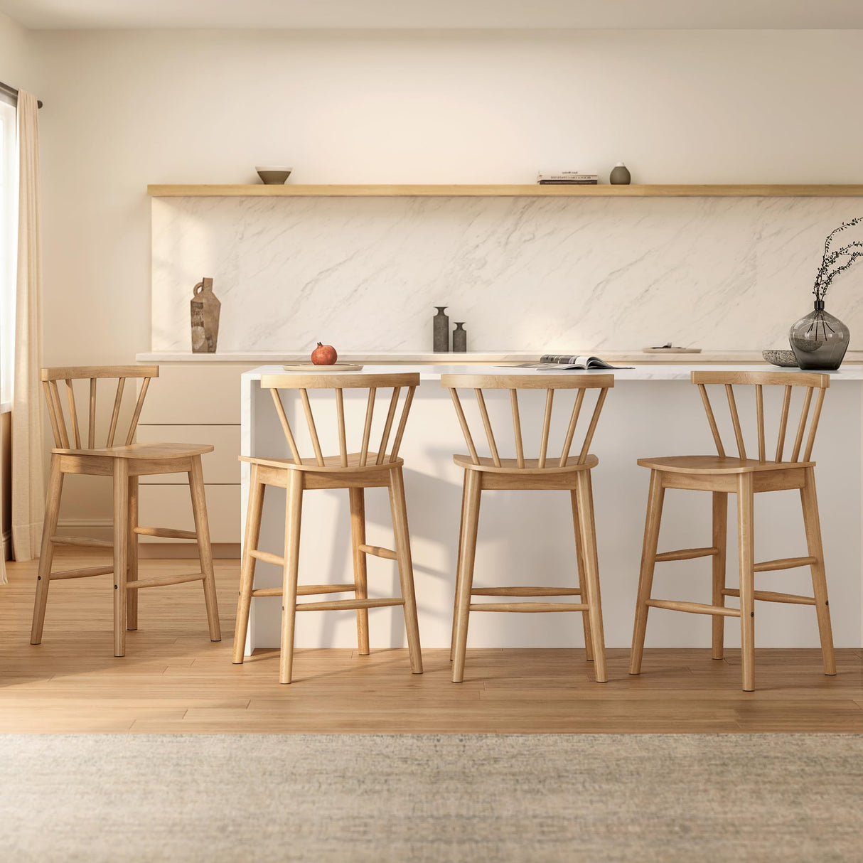 HoeuThien Wood Bar Stools Set of 3, 24" Wooden Counter Height Barstools, Modern Armless Farmhouse Bar Dining Chairs with Back & Footrest for Kitchen Island Pub Natural Oak HoeuThien