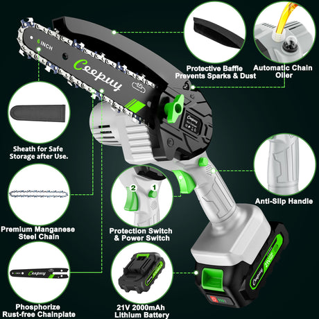 CEEPUY Mini Chainsaw Cordless,6 Inch Portable Electric Chain Saw w/Automatic Oiler/Battery Powered Small Handheld Saw w/Security Lock Trees Branches Trimming,Wood Cutting, 2 Batteries 3 Chains 2025 CEEPUY