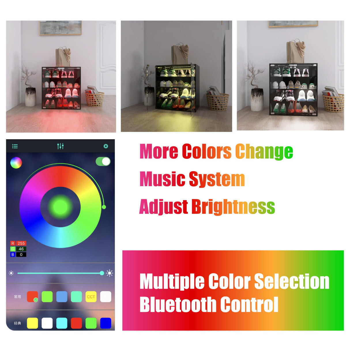 FUQIAOTEC 4 Layers LED Shoe Storage Box, Black Shoe Cabinet with Glass Doors and LED Lights, Wooden Display Shoe Box Suitable for Collection, Can be Remotely Controlled FUQIAOTEC