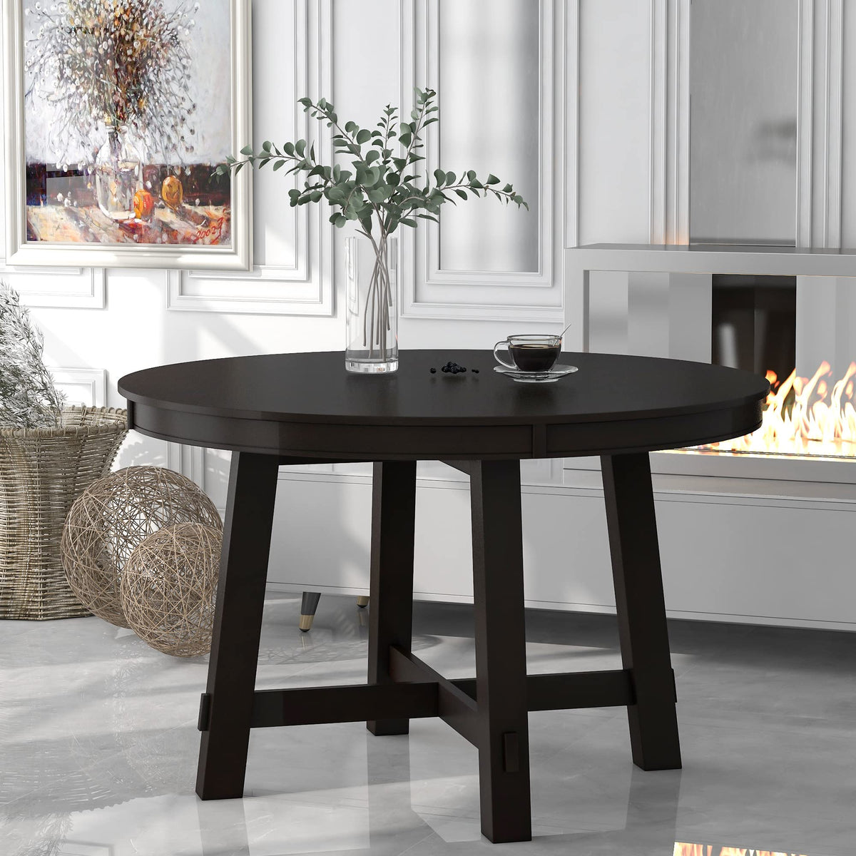 Knocbel Farmhouse 4-6 Person Round Extendable Dining Table, Wooden Kit ...
