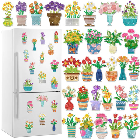 Xuhal 30 Pcs Flowers Diamond Painting Magnets Plant Diamond Art Magnet Kits for Adults Colorful Potted Floral Refrigerator Magnetic Sticker 5D Rhinestone Fridge Stickers for DIY Crafts Beginner Gifts Xuhal