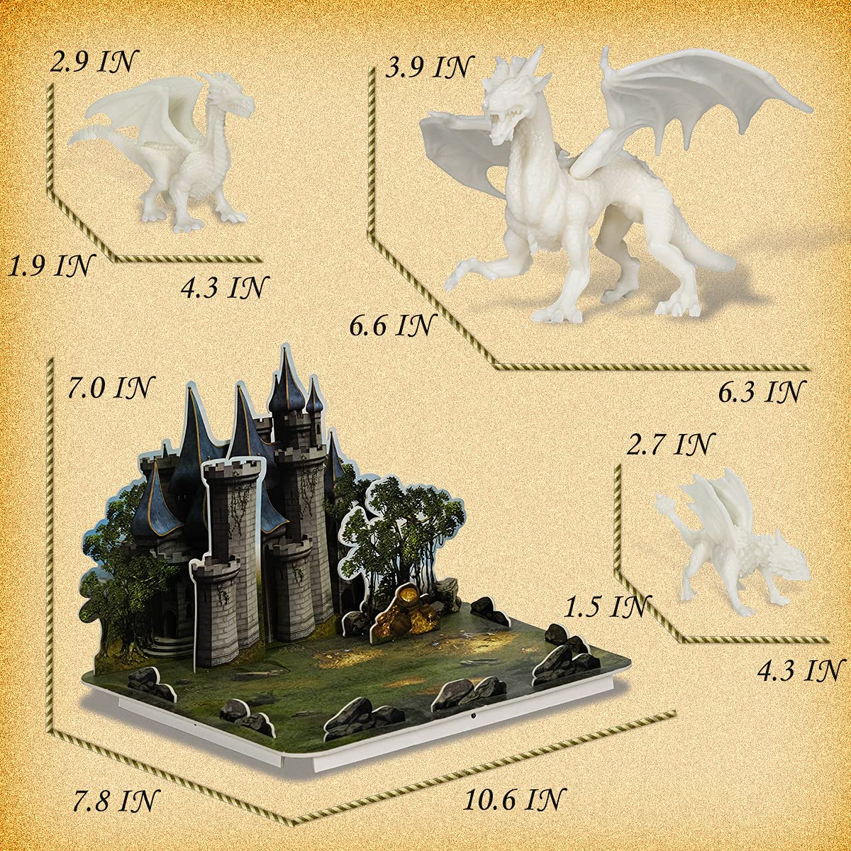 whatstem Kids Arts Crafts Set - Dragon Toys Painting Kit with 3 Dragons Figurines and 3D Jigsaw Puzzle Castle, Best Tween Paint Gift to Create Own Powerful Dragon whatstem