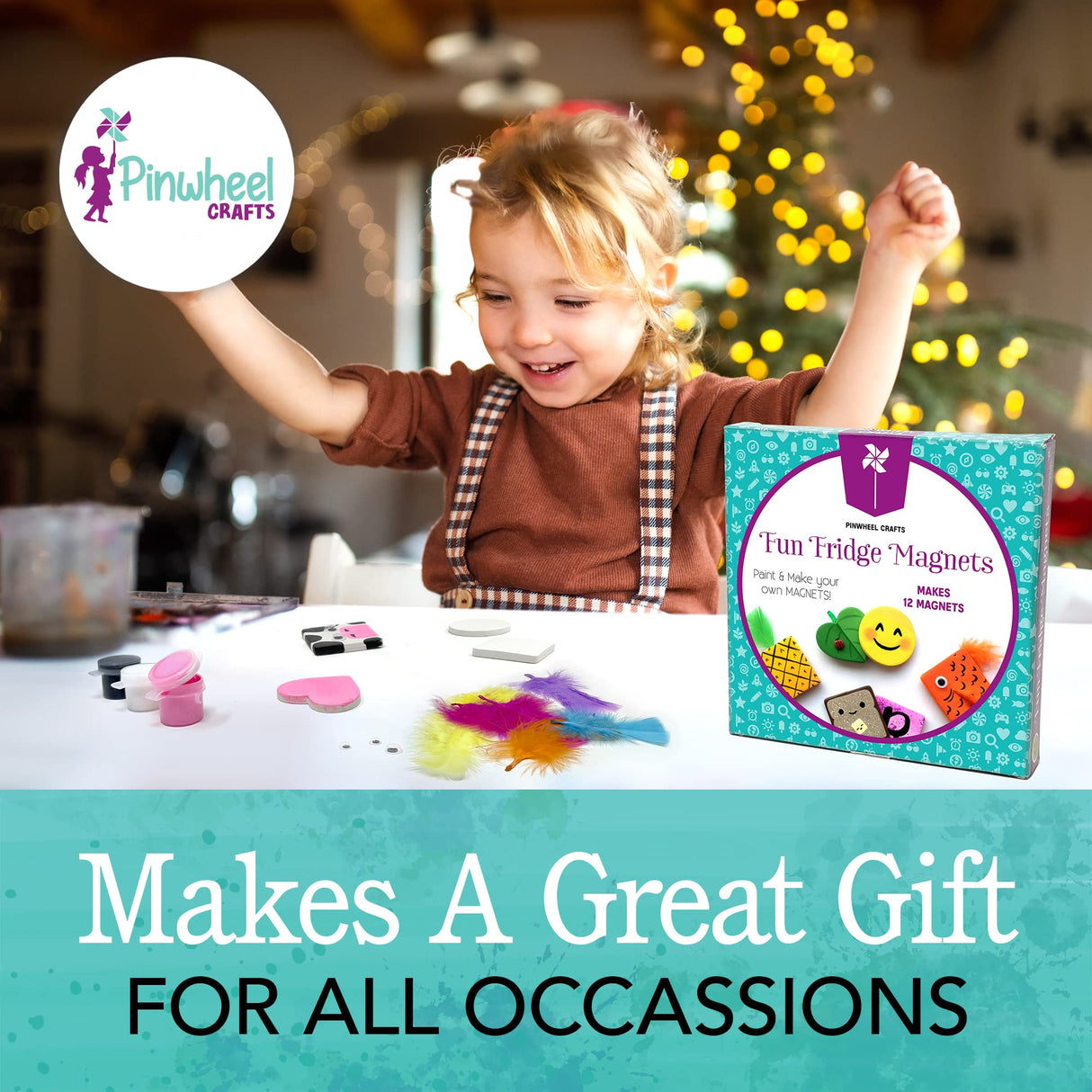 Pinwheel Crafts Magnetic Tile Art Kit Ages 6-12+ Years - Paint Your Own Magnetic Mini Tiles Includes 12 Tiles, Magnets, 8 Paints, Brush, Googly Eyes - DIY Magnet Making Kit for Kids Pinwheel Crafts