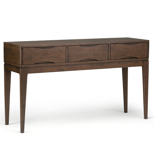 SIMPLIHOME Harper SOLID WOOD 54 inch Wide Mid Century Modern Console Sofa Entryway Table in Walnut Brown with Storage, 3 Drawers , for the Living Room, Entryway and Bedroom - WoodArtSupply